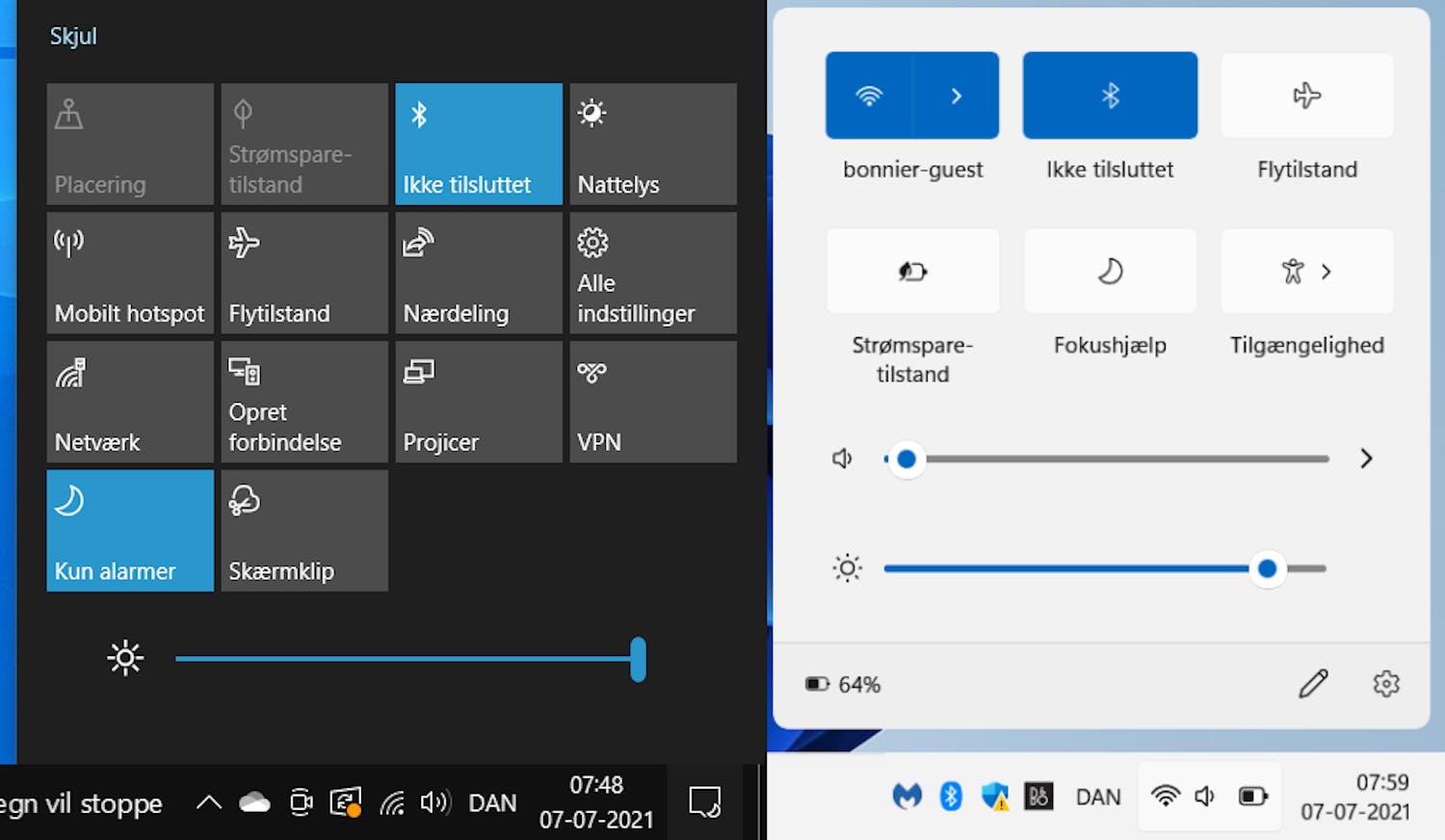 Åtgärdscenter: Åtgärdscentret ”flyter” över skrivbordet i Windows 11. Det kan du se till höger på bilden.